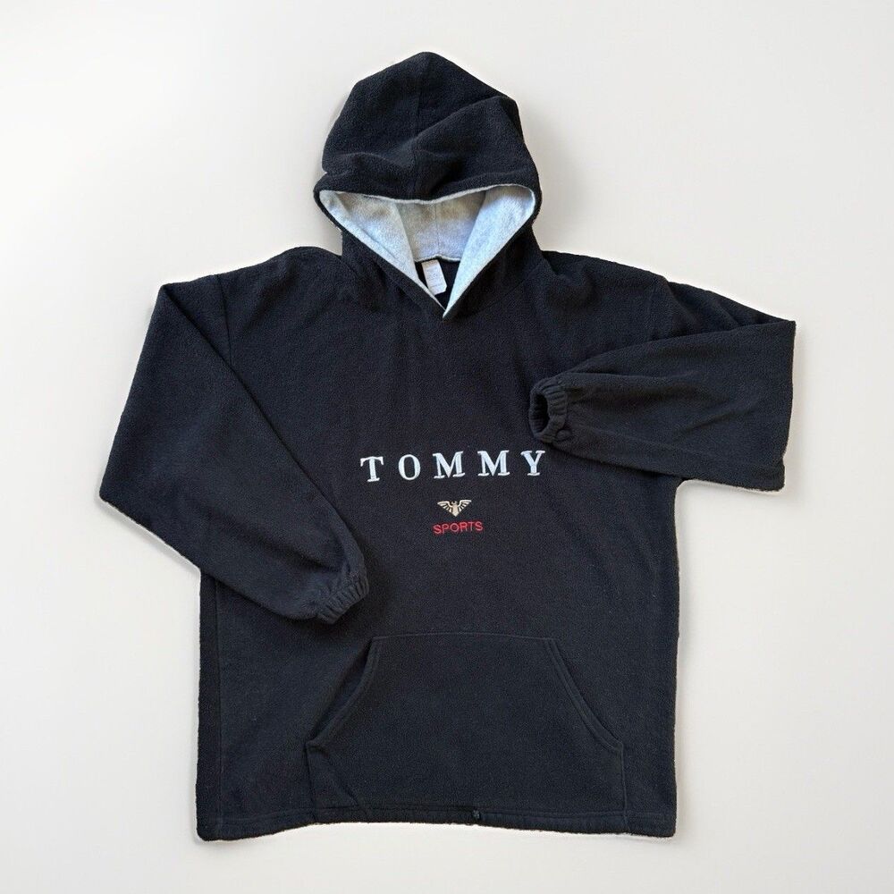 VTG 90s ๐ฅRARE๐ฅTommy Hilfiger Fleece Hoodie Made In USA Sports L Spellout